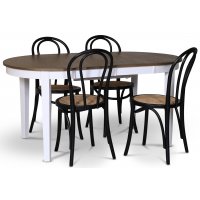Skagen matgrupp; matbord 160/210x90 cm - Vit / brunoljad ek med 4 st Danderyd No.18 stolar Svarta Skagen matgrupp; matbord 160/210x90 cm - Vit / brunoljad ek med 4 st Danderyd No.18 stolar Svarta