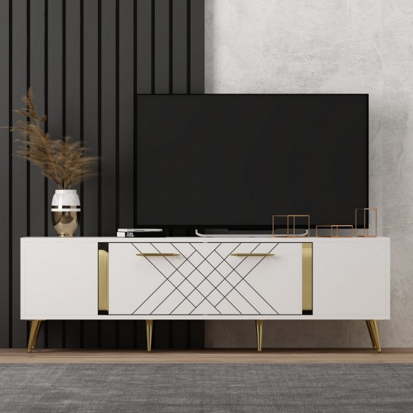 Witte tv-standaard met gouden details - 150 cm Witte tv-standaard met gouden details - 150 cm