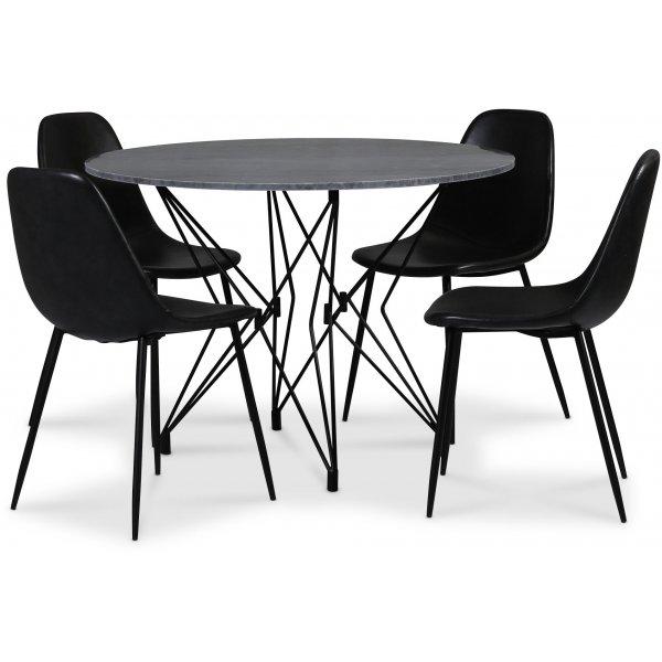 Zoo matgrupp 105 cm inkl. 4 st Bjurtrsk svarta stolar - Svart / Gr Marmor