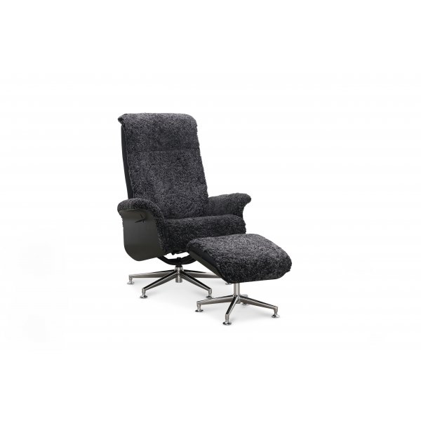 Reclinerftlj med fotpall i kta frskinn svart/mrkgr - Ulla + Textilskydd fr mbler