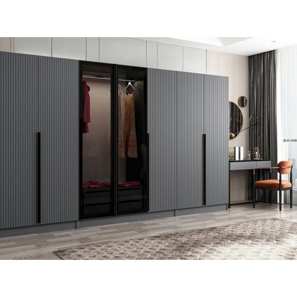 Armoire Cikani avec porte miroir, 315x52x210 cm - Anthracite