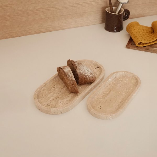 Dekorationsfat i beige Travertinmarmor 2 delar - 25/30 x 12/15 x 2 cm