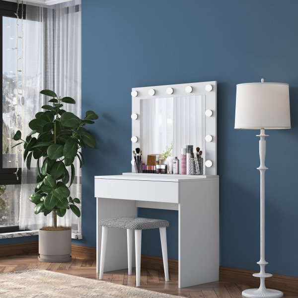 Bijou sminkbord med spegel och pall 21 - 90 x 45 cm - Vit Bijou sminkbord med spegel och pall 21 - 90 x 45 cm - Vit