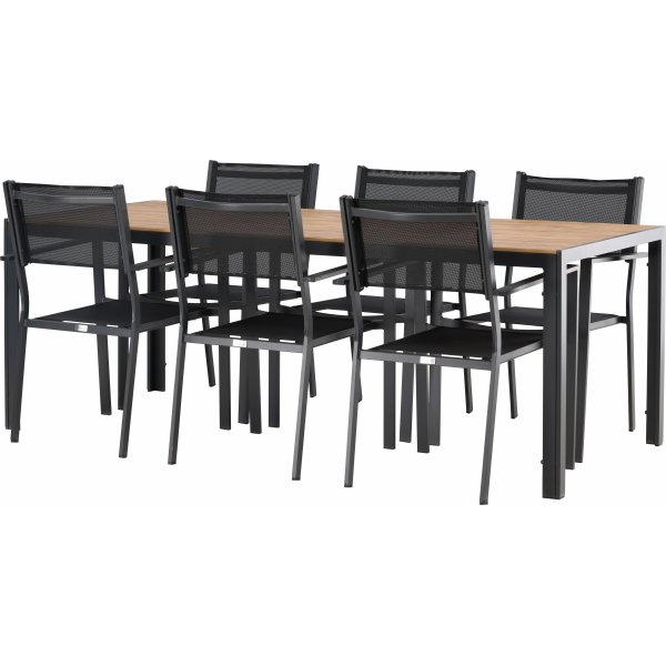 Chania matgrupp; 6 st stolar med bord 205 x 90 cm - Svart/natur Chania matgrupp; 6 st stolar med bord 205 x 90 cm - Svart/natur