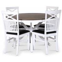 Skagen matgrupp; runt matbord Ø120 cm - Vit / brunoljad ek med 4 st Fårö stolar (Kryss i ryggen) med svart PU sits Skagen matgrupp; runt matbord Ø120 cm - Vit / brunoljad ek med 4 st Fårö stolar (Kryss i ryggen) med svart PU sits