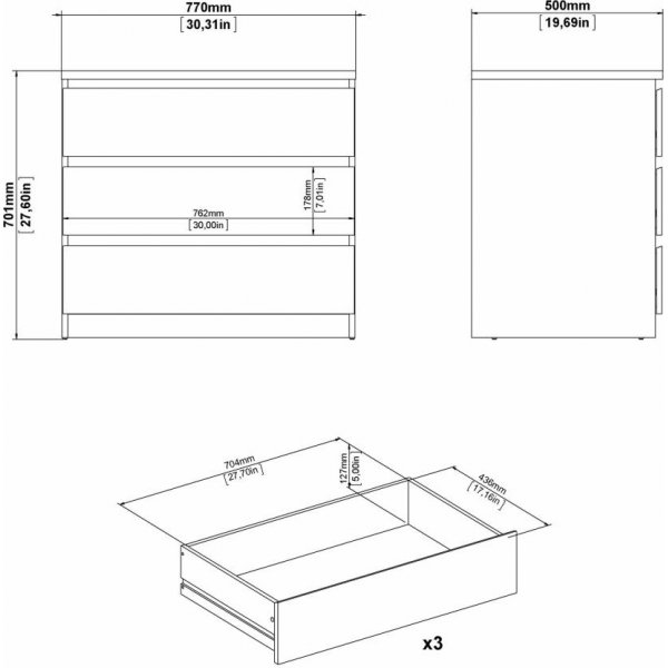 Naia ladekast met 3 lades - Beton/wit Naia ladekast met 3 lades - Beton/wit