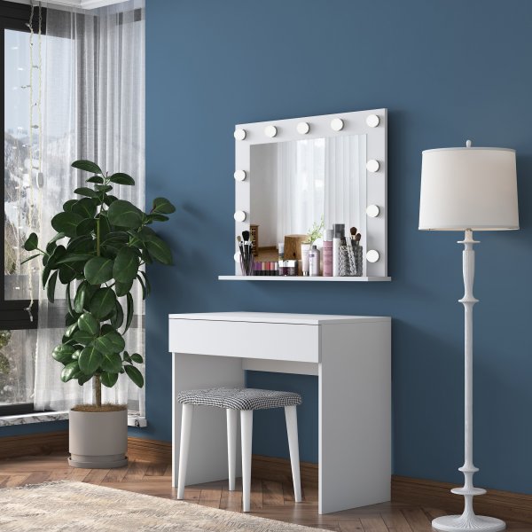 Bijou sminkbord med spegel och pall 21 - 90 x 45 cm - Vit Bijou sminkbord med spegel och pall 21 - 90 x 45 cm - Vit