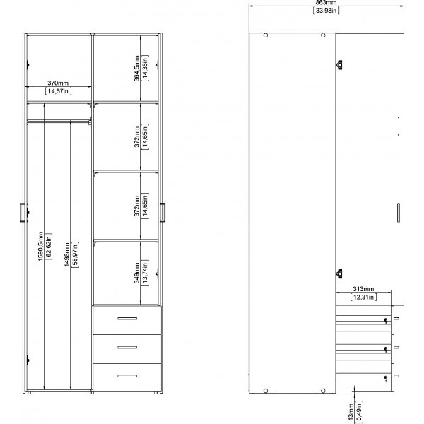 Armoire Space 2 portes et 3 tiroirs - Blanc Armoire Space 2 portes et 3 tiroirs - Blanc
