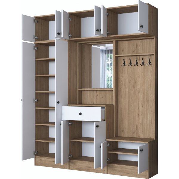 Meuble d\\\'entrée Mendy 180 cm avec meuble haut - Blanc/noyer Meuble d\\\'entrée Mendy 180 cm avec meuble haut - Blanc/noyer