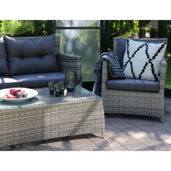 Ballingsl�v Lyx utegrupp: soffa, f�t�ljer och bord - Ljusgr� konstrotting