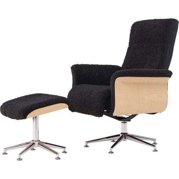 Hagn reclinerftlj med fotpall - Svart/oljad ek + Textilrengring fr mbler