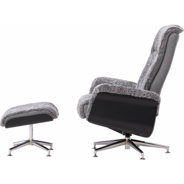 Ulla f�t�lj med fotpall i f�rskinn - Gr� / Svartbets / Krom + Textilreng�ring f�r m�bler