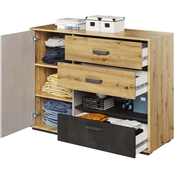 Commode Qubic - Chêne artisanal/gris/noir Commode Qubic - Chêne artisanal/gris/noir