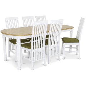 Ramnäs matgrupp - Bord inklusive 6 st Herrgård Vindö stolar med grön sits - Vit/ekbets Ramnäs matgrupp - Bord inklusive 6 st Herrgård Vindö stolar med grön sits - Vit/ekbets