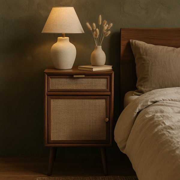 Nachtkastje walnoot/rotan 71 cm hoog