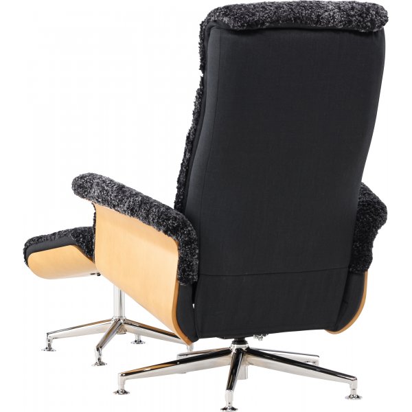 Ulla f�t�lj med fotpall i ek - M�rkgr� f�rskinn + Textilreng�ring f�r m�bler