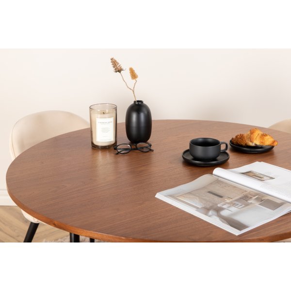 Bianca Matgrupp runt valnt matbord med 4 st Velvet beige stolar