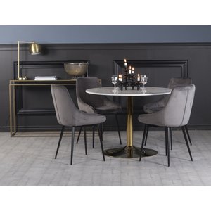 Groupe de salle  manger Plaza, table en marbre avec 4 chaises en velours Theo - Gris/Blanc/Laiton + Dtachant pour meubles