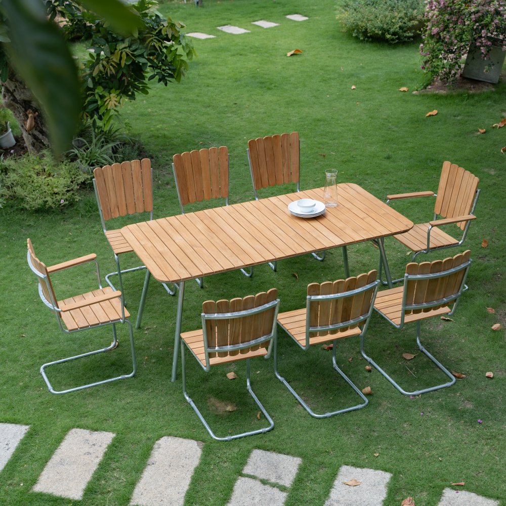 Möllan utegrupp i teak: 8 st stolar med matbord 176x90 cm - Utematgrupper, Utemöbelgrupper, Utemöbler