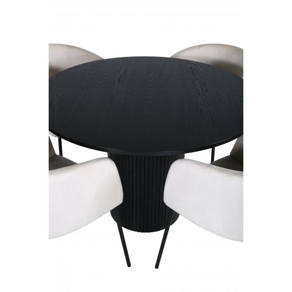 Bianca Matgrupp runt svart matbord med 4 st Berit beige stolar Bianca Matgrupp runt svart matbord med 4 st Berit beige stolar