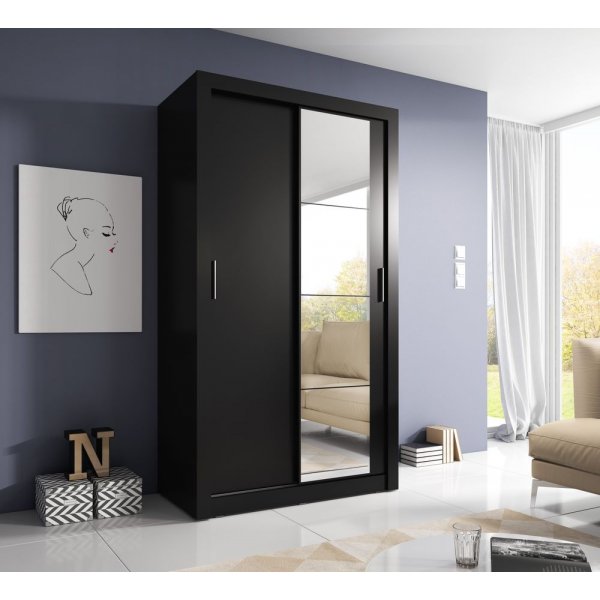 Mervyn garderob med skjutdörrar 120 cm - Svart / Spegel Mervyn garderob med skjutdörrar 120 cm - Svart / Spegel