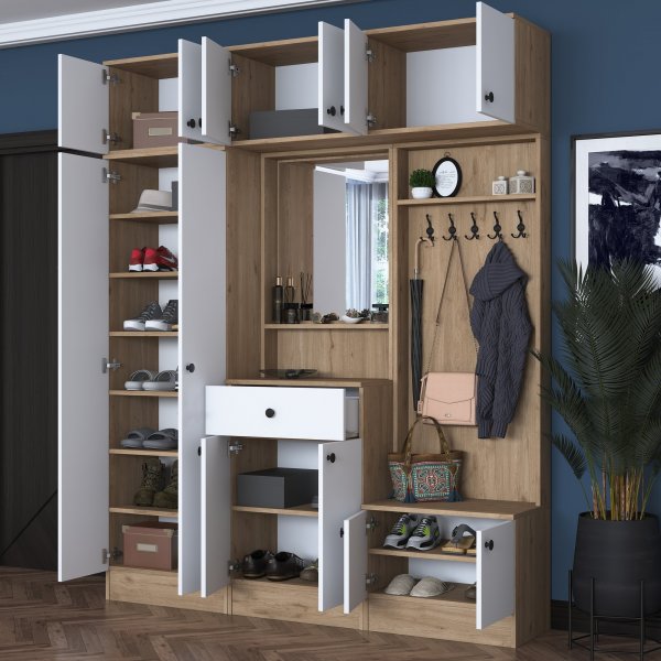 Meuble d\\\'entrée Mendy 180 cm avec meuble haut - Blanc/noyer Meuble d\\\'entrée Mendy 180 cm avec meuble haut - Blanc/noyer