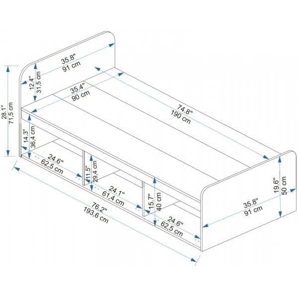 Akser enkelsng med inbyggd frvaring 190 x 90 cm - Furu/antracit