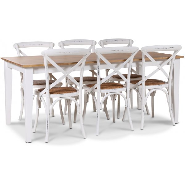 Dalars matgrupp 180 cm bord vit/ek + 6 st vita Gaston matstolar + 6.00 x Stolsdyna