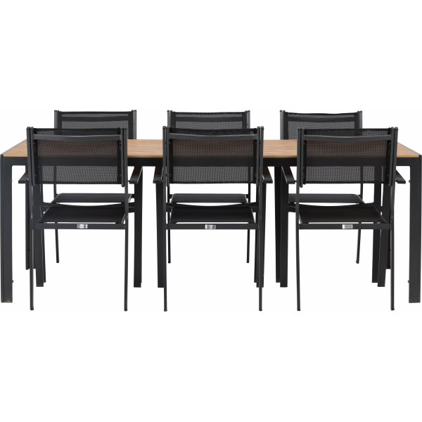 Chania matgrupp; 6 st stolar med bord 205 x 90 cm - Svart/natur Chania matgrupp; 6 st stolar med bord 205 x 90 cm - Svart/natur