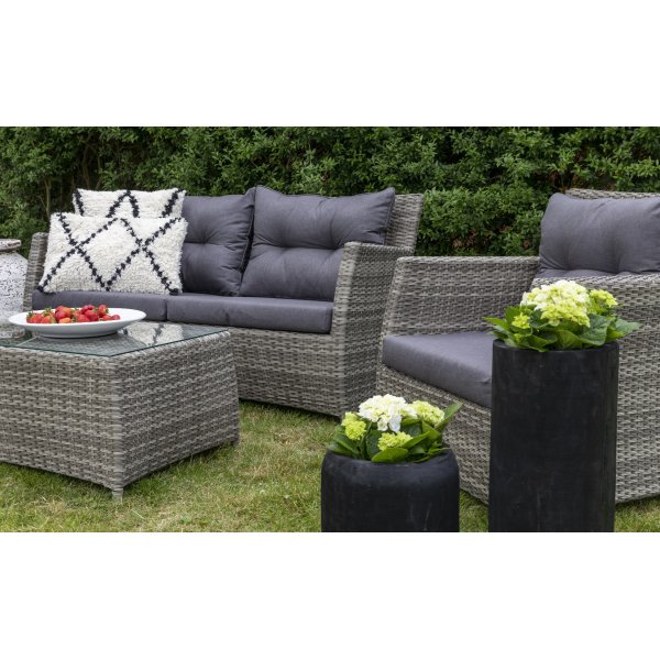 Ballingsl�v Lyx utegrupp: soffa, f�t�ljer och bord - Ljusgr� konstrotting