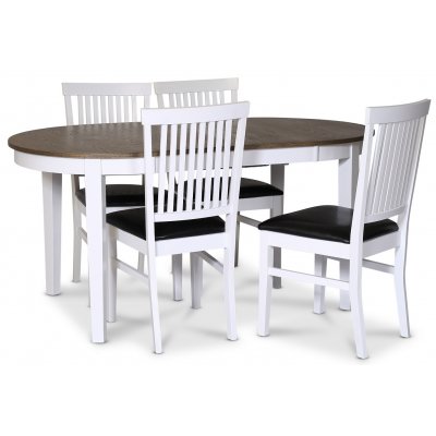 Skagen matgrupp; matbord 160/210x90 cm - Vit / brunoljad ek med 4 st Fårö stolar med PU sits