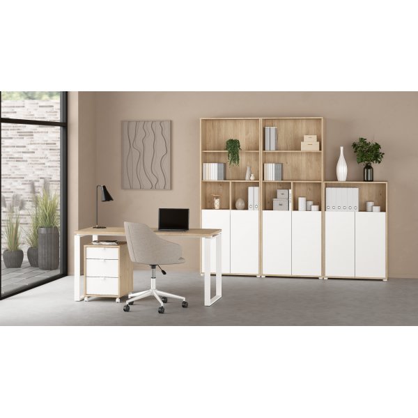 Bibliothèque Sign basse avec portes - Blanc/hickory Bibliothèque Sign basse avec portes - Blanc/hickory