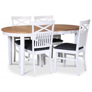 Fårö matgrupp matbord 160/210x90 cm - Vit / oljad ek med 4 st Fårö stolar kryss i ryggen och sits i grått tyg