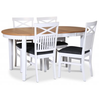 Fårö matgrupp; matbord 160/210x90 cm - Vit / oljad ek med 4 st Fårö stolar kryss i ryggen och sits i grått tyg