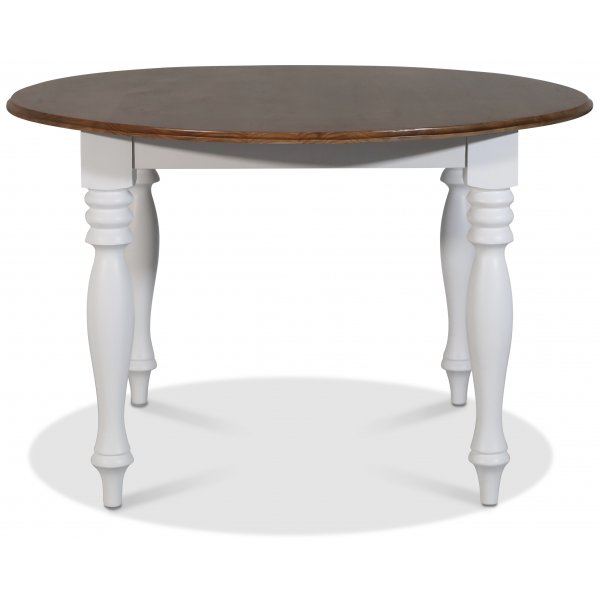 Victoria runt vitt matbord Ø120 cm med brunbetsad toppskiva Victoria runt vitt matbord Ø120 cm med brunbetsad toppskiva