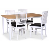 Fårö matgrupp; matbord 140x90 cm - Vit / oljad ek med 4 st Fårö matstolar med ribbor i ryggen, svart PU-sits Fårö matgrupp; matbord 140x90 cm - Vit / oljad ek med 4 st Fårö matstolar med ribbor i ryggen, svart PU-sits