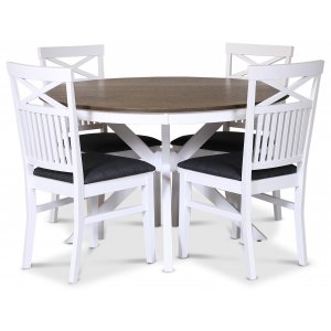 groupe alimentaire Skagen; table  manger ronde 120 cm - Chne huil blanc/marron avec 4 chaises Skagen assise grise