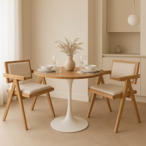 Matgrupp Sumner Ø80 cm ek/vit med 2 st Sara karmstolar i ek och linne Matgrupp Sumner Ø80 cm ek/vit med 2 st Sara karmstolar i ek och linne