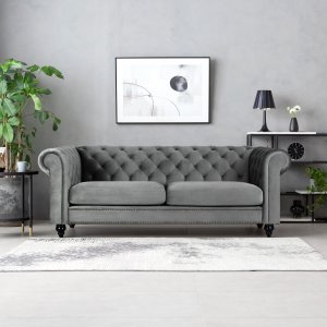 Soffa chesterfield 3-sits grå 219 cm lång + Textilrengöring för möbler Soffa chesterfield 3-sits grå 219 cm lång + Textilrengöring för möbler
