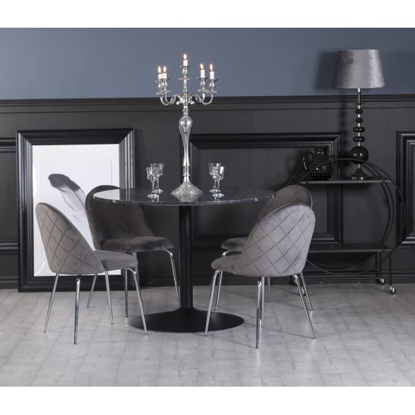 Plaza matgrupp, marmorbord med 4 st Plaza sammetsstolar - Gr/Svart/Krom