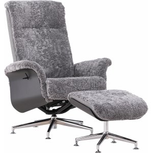 Fauteuil en laine avec repose-pieds en peau de mouton - Gris/Teinture noire/Chrome