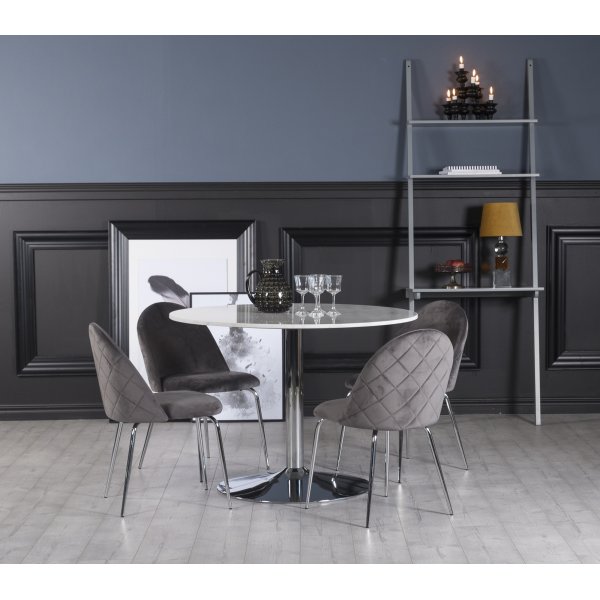 Plaza matgrupp, marmorbord med 4 st Plaza sammetsstolar - Gr/Vit/Krom