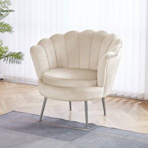 Fåtölj i beige sammet - Kingsley + Möbeltassar Fåtölj i beige sammet - Kingsley + Möbeltassar
