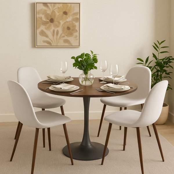 Olmo matbord 90 cm i valnt/svart med 4st Alfred matstol i beige sammet och valnt ben