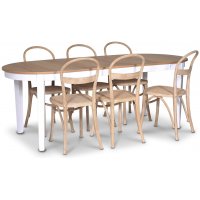 Fårö matgrupp; Ovalt matbord 160-210 cm - Vit / Oljad Ek med 6 st Danderyd No.16 matstolar Whitewash Fårö matgrupp; Ovalt matbord 160-210 cm - Vit / Oljad Ek med 6 st Danderyd No.16 matstolar Whitewash