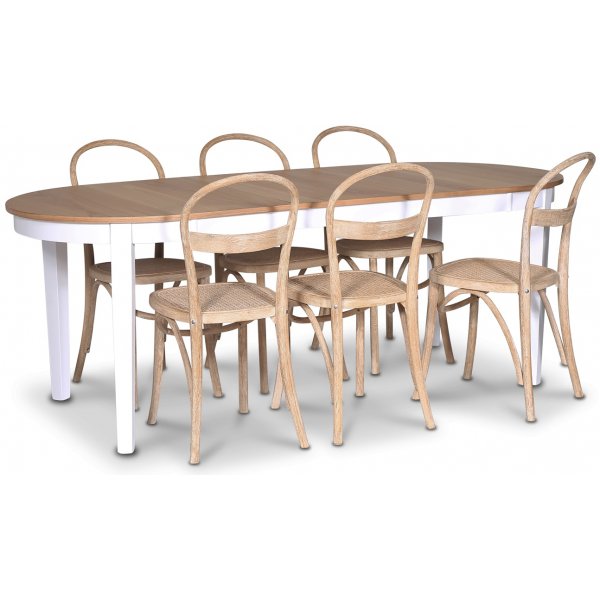 Fr matgrupp; Ovalt matbord 160-210 cm - Vit / Oljad Ek med 6 st Danderyd No.16 matstolar Whitewash