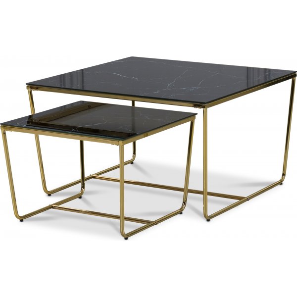 Stella Satsbord 75 x 75 cm - Svart marmorerat glas / Mssingsfrgat underrede