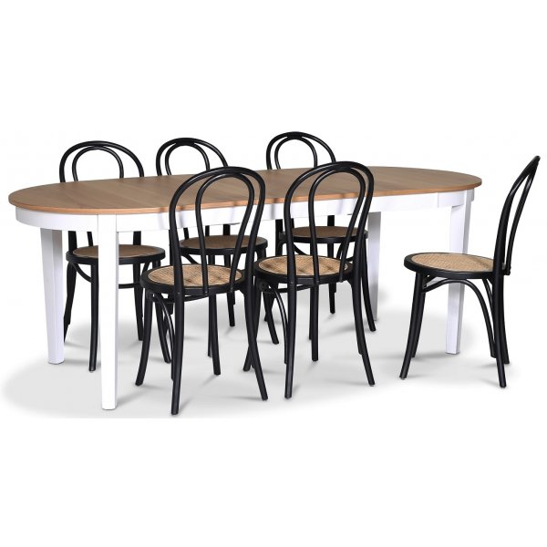 Fr matgrupp; Ovalt matbord 160-210 cm - Vit / Oljad Ek med 6 st Danderyd No.18 matstolar Svart