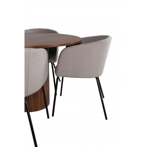 Bianca Matgrupp runt valnöt matbord med 4 st Berit beige polyesterlinne stolar Bianca Matgrupp runt valnöt matbord med 4 st Berit beige polyesterlinne stolar