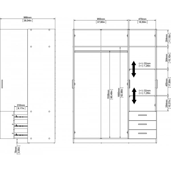 Sprint kledingkast met 3 deuren en 3 lades - Hickory Sprint kledingkast met 3 deuren en 3 lades - Hickory